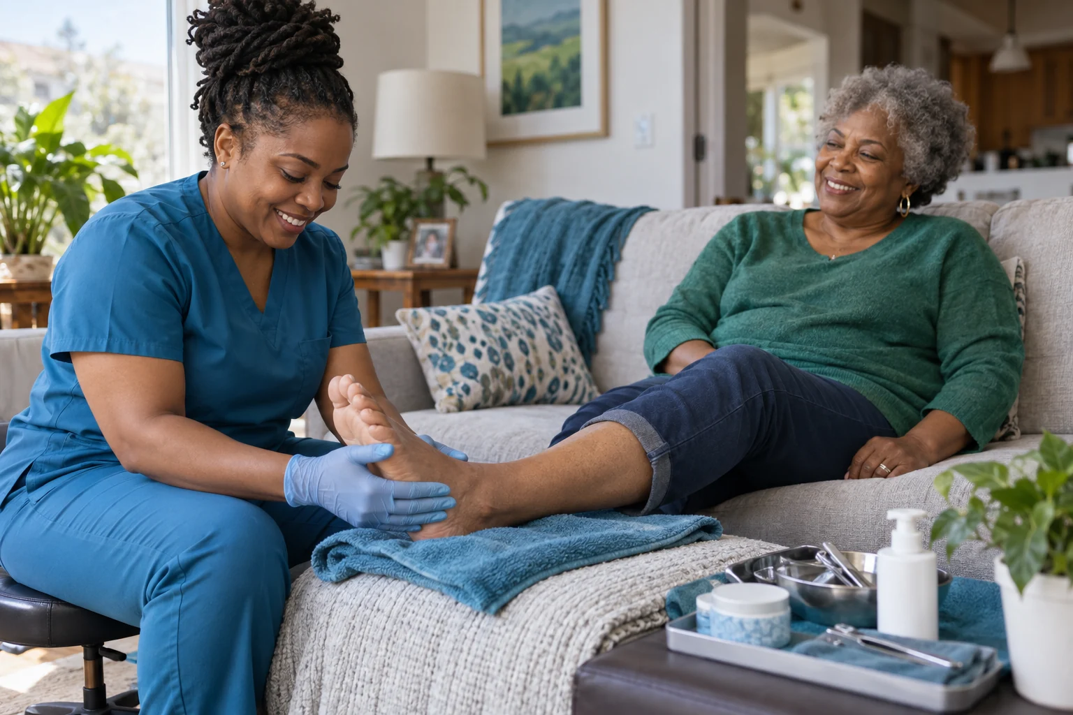 Illustrative scene of a practitioner gently massaging an older woman's foot during home care