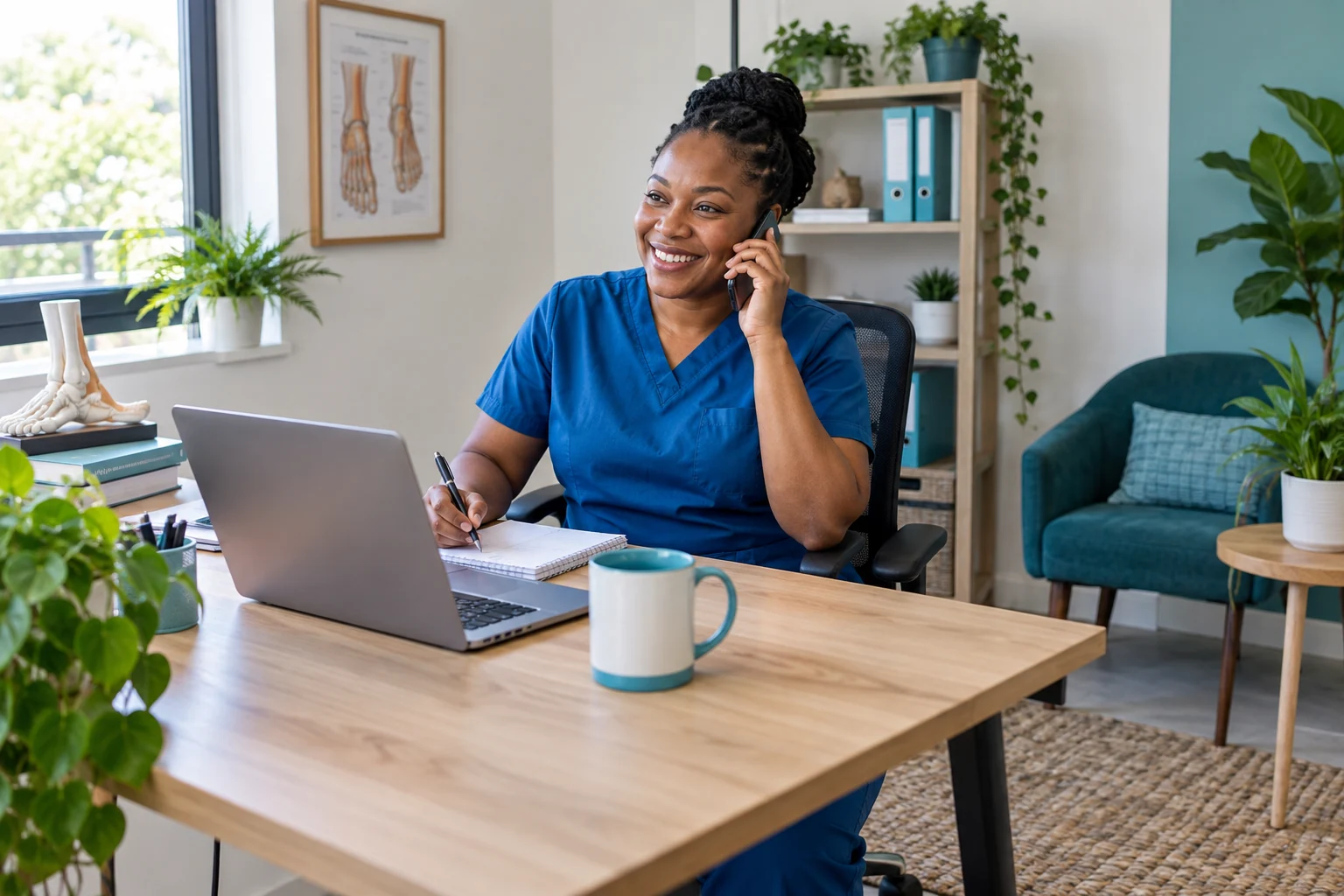 Illustrative scene of a foot-care practitioner speaking on the phone