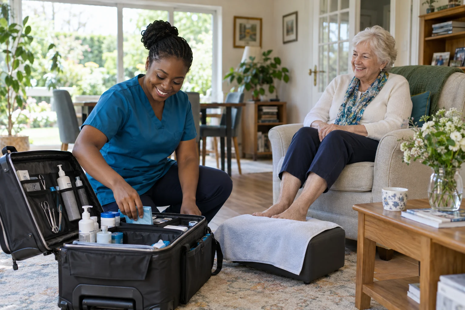 Illustrative scene of a practitioner preparing a kit for a home visit